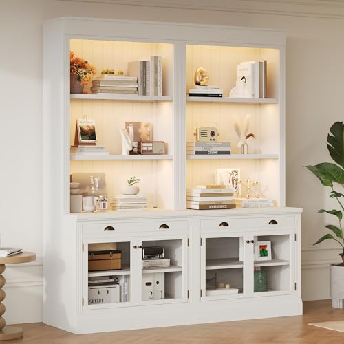 Image of 83.4 inch White Tall Bookshelf with LED Lighting, Modern Wood Double Bookcase with Glass Doors and Drawer, Set of 2 Storage Bookcases with Open Shelves for Living Room,Home Office (White+Glasses 2Set)