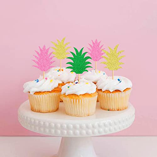 Ercadio 24 Pack Pineapple Leaves Cupcake Toppers Green Glitter Donut Fruit Pineapple Cupcake Picks Hawaiian Luau Tropical Theme Bridal Shower Birthday Party Cake Decorations Supplies #TOP3