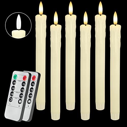SEHNSY Set of 6 Ivory Flameless Taper Candles with 10-Key Remote Timer, Dripless Battery Operated LED Window Candles Real Wax with 3D Flickering Flame for Xmas Halloween Wedding, Warm White Light