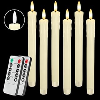 SEHNSY Set of 6 Ivory Flameless Taper Candles with 10-Key Remote Timer, Dripless Battery Operated LED Window Candles Real Wax with 3D Flickering Flame for Xmas Halloween Wedding, Warm White Light