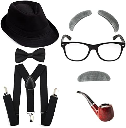 Kakaxi 1920's Boys 100 Days of School Grandpa Costume Set - Gangster Fedora Hat, Old Man Eyebrows & Moustache for Kids & Child Halloween