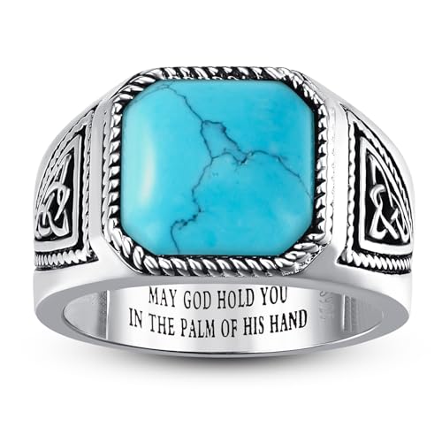 BONLAVIEGEM Vintage Turquoise Rings for Men 925 Sterling Silver Mens Ring Mens Turquoise Ring Anillos de Hombre Celtic Mens Cocktail Rings Pinky Thumb Ring Band for Dad Father Jewelry Gift Size 9 by BONLAVIEGEM - Image 2