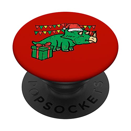 Christmas Triceratops Santa Cute Xmas Dino Boys Kids Toddler PopSockets Swappable PopGrip, Black