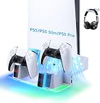 Mcbazel RGB Wall Mount for PS5, Slim & Pro - Metal Console Wall Bracket Kit with Dual Controller Charging Station, Headphone Hook & LED Light - White