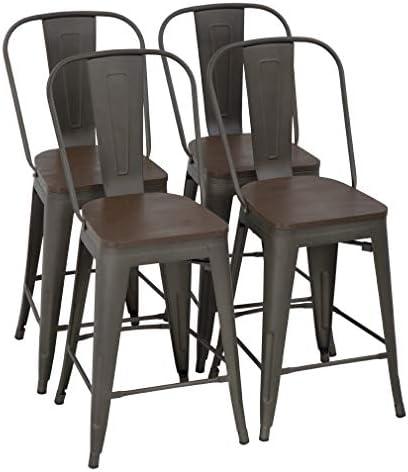 FDW Metal Bar Stool Set of 4 Counter Height Barstool with Back 24 Inches Wood Seat Height Industrial Bar Chairs Patio Stool Stackable Modern Kitchen Stool Indoor Outdoor Kitchen Stools (Bronze)