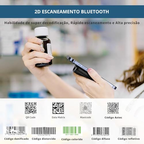 Leitor de Código de Barras Sem fio Bluetooth 1d 2d Portátil para IOS, Android, Windows e MacOS