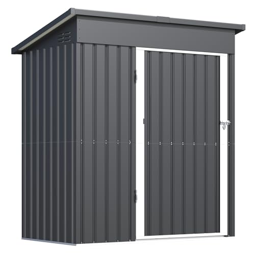 Yodolla Outdoor Tool Shed 150x86x182cm, Heavy Duty Garden Storage Box with Double Doors, Corrosion Resistant Steel Workshop Shelter, Sloped Roof Design for Yard, Patio & Backyard Organization, Grey