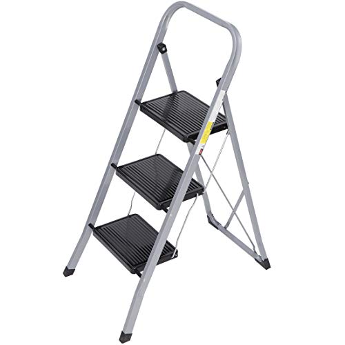 Junglea 3 Step Ladder,Folding Step Stool For Adults,Wide Anti-Slip Pedal,Portable Sturdy Lightweight 330 Lbs Capacity Step Ladder, Perfect For Kitchen Office & Household (Silver And Black+41''H) #TOP4