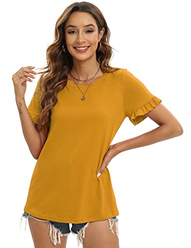 Newchoice Women's Trendy Casual Cute Tops Summer Ruffle Short Sleeve Shirts Loose Fit Dressy Blouses (Yellow, Xxl) #TOP3
