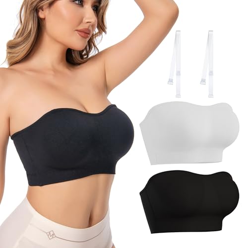 2 Stück Bandeau BH Damen Trägerloser BH Push Up Bustier Top ohne Bügel Schulterfrei Bra Tube Top mit Rutschfester Silikon Transparente Träger...