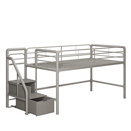 Dhp Junior Twin Metal Loft Bed With Storage Steps, Multifunctional Space-Saving Solution - Silver With Gray Steps #TOP2