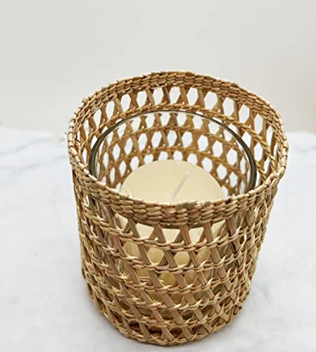 Rattan Woven Tea Light Candle Holder, Decorative Handwoven Candle Holder, Rustic Vintage Seagrass Votive Candle Holders For Dining Table Kitchen Decor Serving Tray #TOP4