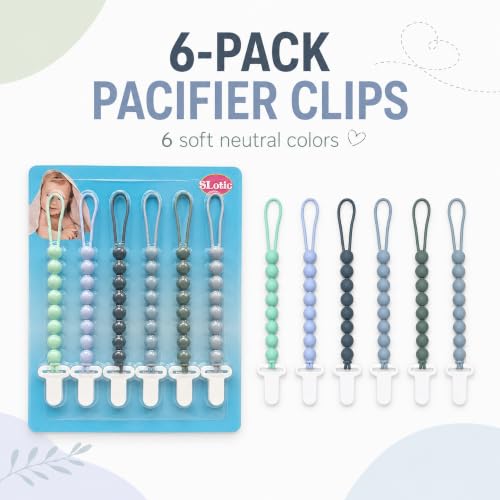 Image of 6 Pack Silicone Pacifier Clips for Boys and Girls, One-Piece Beads Pacifier Clip Set with Durable Plastic Clip, Modern Color Pacifier Holder for Baby Essentials