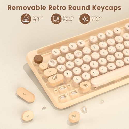 Image of Wireless Keyboard and Mouse Combo, Retro Round Keycaps, Full-Size Stylish Typewriter Keyboard with Phone /Tablet Holder, Ergonomic Mouse with 3-Level DPI, 2.4GHz Connection for Windows /PC (Milk-Tea)