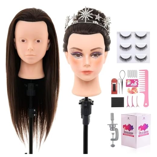 Neverland 71cm Tete a Coiffer Professionnelle Tete a Maquiller avec 60% Cheveux Humains, Tête de Coiffure Maquillage Tête d'entraînement avec Outils de Coiffure, Cils et Pince de Table(Brun foncé)