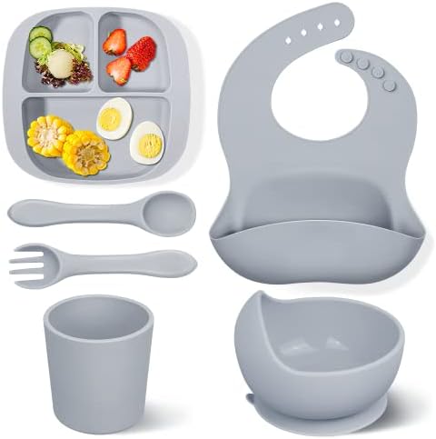Ziza Baby Led Weaning Supplies - Silicone Baby Feeding Set, Suction Plates and Bowls for Infants & Toddlers, Baby Eating Supplies with Divided Plate, Suction Bowl, Bib, Training Cup, Spoon, Fork