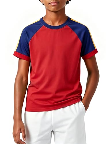 PATPAT Boys Soccer Shirt Short Sleeve Athletic Tee Football Sports Fan Top for Kids Active Wear Red Navy Block 7-8 Years