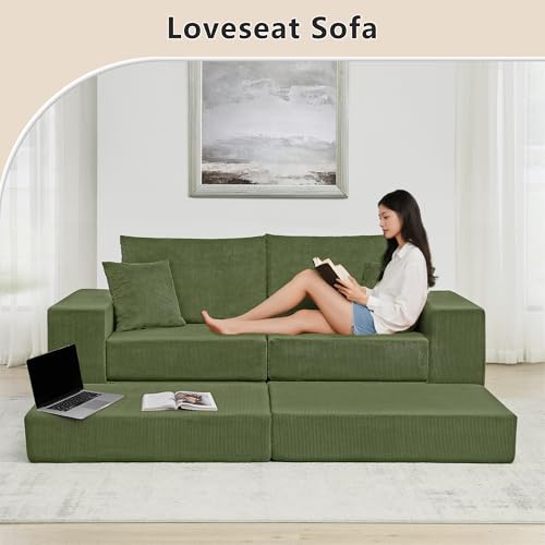 Image of L Shaped Boneless Couch Modular Sectional Sofa, Modern Cozy Corduroy Cloud Couch Loveseat with Ottoman, Memory Foam Convertible Sectional Sleeper Sofas for Living Room, Green