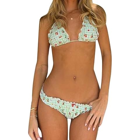 Women Y2k Bikinis Sets Lemon Plaid Print Bow Ruffle Trim Halter Neck Back Lacing Bathing Suit Coquette Swimwear Cover