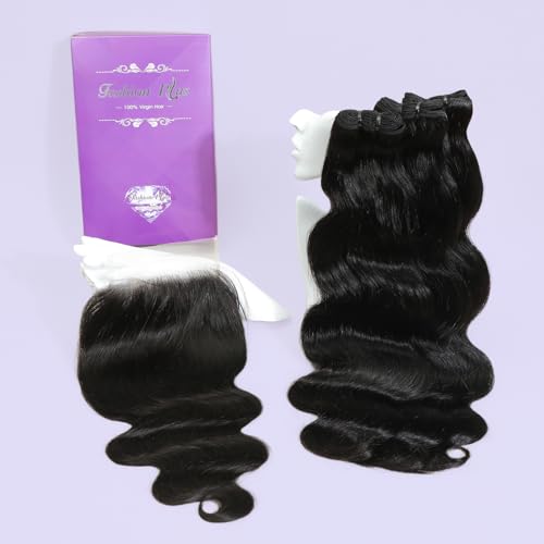 FASHION PLUS 20A Body Wave Bundles Human Hair, Raw Bundles Human Hair with 5x5 Lace Closure (22 24 26+20) Inch and 100% Unprocessed Virgin Hair Extensions Triple Lifespan, No Tangle No Shedding