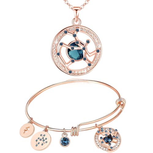 Leafael Superstar Zodiac Necklace Bracelet Bundle Jewelry Set, Sagittarius, 14k Rose Gold Plated