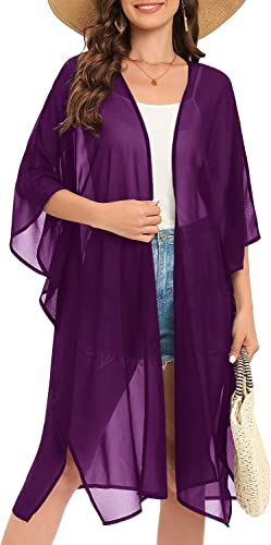Image of Indian Trendy Women's Solid Puff Sleeve Kimono Long Cardigan Loose Cover Up Casual Blouse Top Chiffon