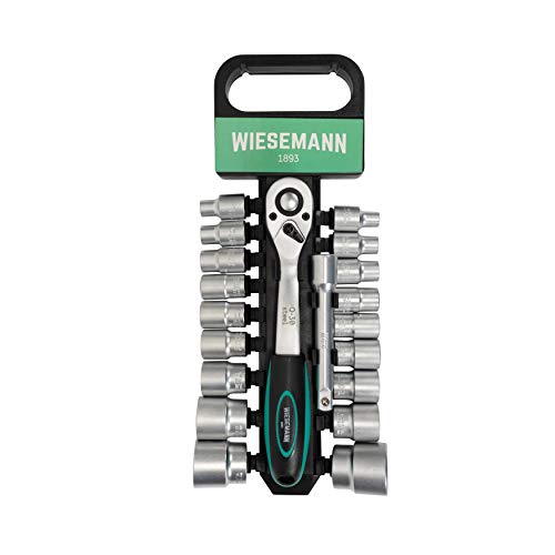 Steckschlüsselsatz 20tlg mit I 1/2" Knarre, 8mm - 32mm Sechskant Bit Einsätze und Verlängerung 125mm aus Chrom-Vanadium Stahl mit Halter von WIESEMANN 1893 I 80041