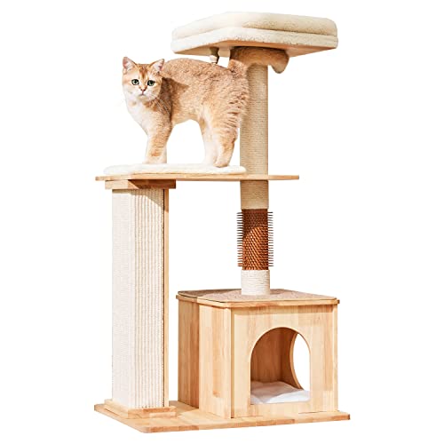 Meowhomm Wooden Cat Tree Tower For Indoor Cats, 42.5” Modern Cat Tree Oak Cat Condos With Scratching Post For Large Cats Climbing, Activity Tower For Kittens Play House Furniture Indoor #TOP24