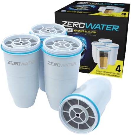 ZeroWater Replacement Water Filter Cartridges, 5 Stage Filtration System Reduces Fluoride, Chlorine, Lead and Chromium, 4 x Filter