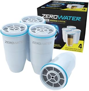 ZeroWater Replacement Water Filter Cartridges, 5 Stage Filtration System Reduces Fluoride, Chlorine, Lead and Chromium, 4 x Filter