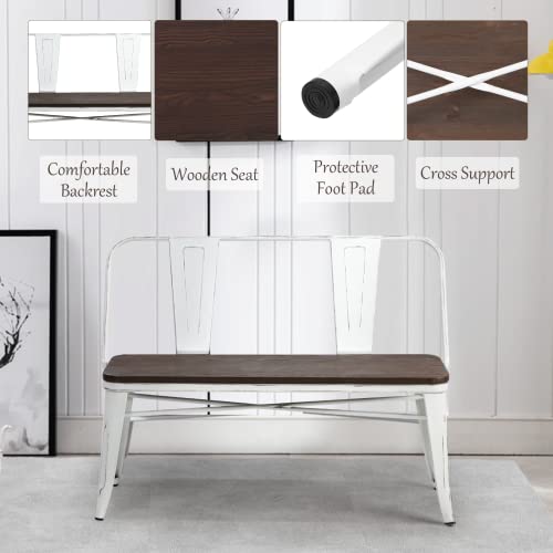 Yoleny Dining Bench, Entryway Bench With Back, Farmhouse Metal Dining Bench, Industrial Mid-Century 3 Person Rustic Spindle Bench, With Wood Seat, Removable Backrest, 42In, White #TOP6