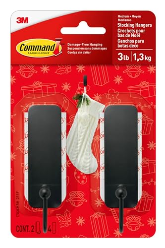 Command Medium Matte Black Stocking Hangers, 2 Hooks and 4 Strips, Damage Free Hanging Wall Hooks with Adhesive Strips, No Tools Coat Hooks for Hanging Home Decor, Holds up to 3 lb - image 1