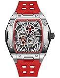 Minskolei Shield Orologio da Uomo Meccanico Automatico Design Scheletrato a Forma di Tonneau Carica Automatica 30M Impermeabile(Argento Rosso)