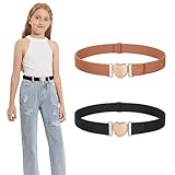 SXCCNW Gürtel Kinder, 2 Stück Elastische Gürtel für Mädchen, Herzform Gürtel Ohne Schnalle Verstellbare Elastische Gürtel für Kleider Jeans Hose Uniform Schwarz & Kaffeefarbe