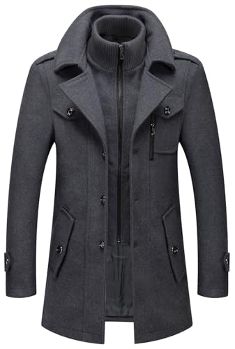 CHARTOU Men's Thermal Single Breasted Wool Blend Coat Business Peacoat with Detachable Zipper
