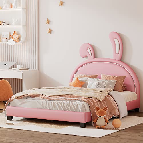 Merax Clearance Full Size Bed Frame with Rabbit Shape Headboard, PU Leather Upholstered Bed Frame, Full Size Platform Bed Frame for Girls, Solid Wood, Wood Slat Support, No Box Spring Needed, Pink