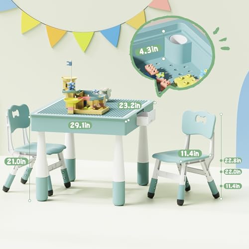 Brelley Kids Table and Chairs Set Building Blocks Table with Storage and Drawers, Height Adjustable Chairs, Reversible Top Activity Table, Craft & Play Table Gift for Ages 2-8, Grayish Blue - Thumbnail 3