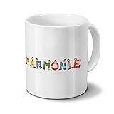 printplanet Tasse mit Namen Harmonie - Motiv Holzbuchstaben - Namenstasse, Kaffeebecher, Mug, Becher, Kaffeetasse - Farbe Weiß