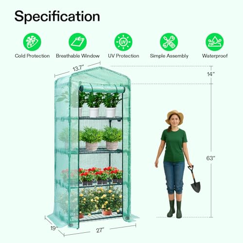VIVOSUN Mini 4-Tier Greenhouse with Wheels, 27 x 19 x 63-Inch Reusable Portable Warm House with Green PE Cover and Shelf for Compact Garden and Small Backyards, with Wheels by VIVOSUN - Image 2