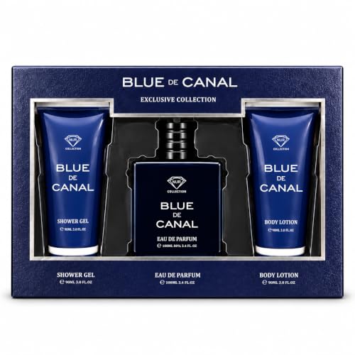 Image of Men's Perfume Gift Set 3 Piece, 100ml Eau de Parfum, 90ml Shower Gel & 90ml Body Lotion, Fragrance For Men, Bath & Body Care Present for Birthdays, Christmas & Occasions, (BLUE DE CANAL Exclusive)