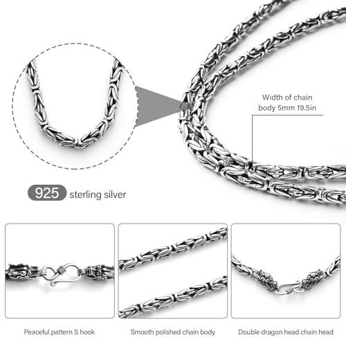 925 Sterling Silver Necklace For Men, Round Solid Heavy Authentic Silver Double Dragon Head Link Chain For Man,5mm 19.5 25.5in, Come Gift Box2