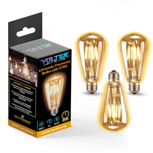 Kit 3 Lampada Filamento Led St64 Retro Vintage E27 Bivolt Ambar Branco Quente