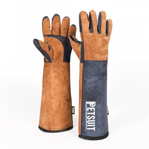 PETSUIT Animal Handling Gloves,%100 Real Leather, Bite Proof, 3 Solid Layers, Handmade, Dog Bite and Cat Scratch, Bird Handling, Wiped Clean, Vet Approved, 20" Navy Blue and Tan
