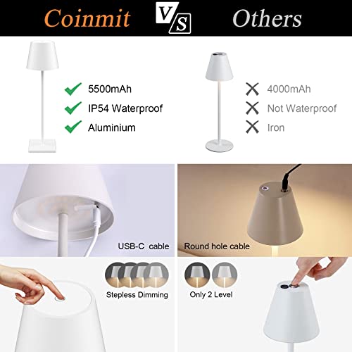 Coinmit White Cordless Table Lamp, 2 Pack 5500mAh Battery Powered LED Table Light, 3 Color Temperatures Stepless Dimmable Rechargeable Table Lamps for Outdoor Restaurant Bedroom White 2 Pack by Coinmit - Used condition - Image 6