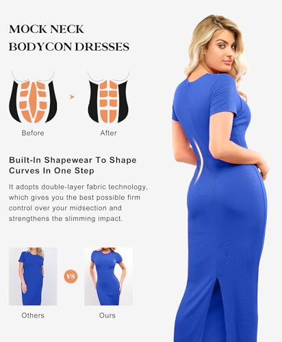 Image of Popilush Shaperwear Dress Built-in Bra Women's Casual Lounge Dress with Zipper Short Sleeve Mock Neck Bodycon Dresses