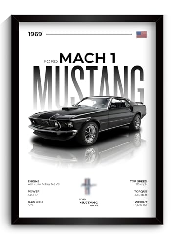 Image of Mustang Poster | Framed 1969 Mustang A4 Sized (31 x 23 cm) | Muscle Poster for Wall, Gift for Boys, American Muscle Car Frames | Car Posters for Wall, Bedroom, Hostel, Study Area, Hostel (F 019)