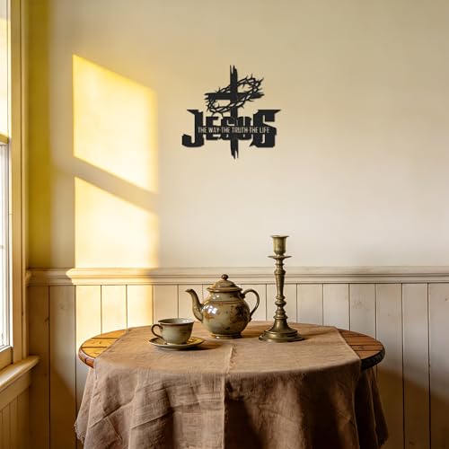 JEWLOVE Thorned Cross with Jesus Metal Wall Art, Christian Cross Wall Decor, Religious Home & Church Sign, Black Metal Scripture Art, 11.8\" x 11.2\"