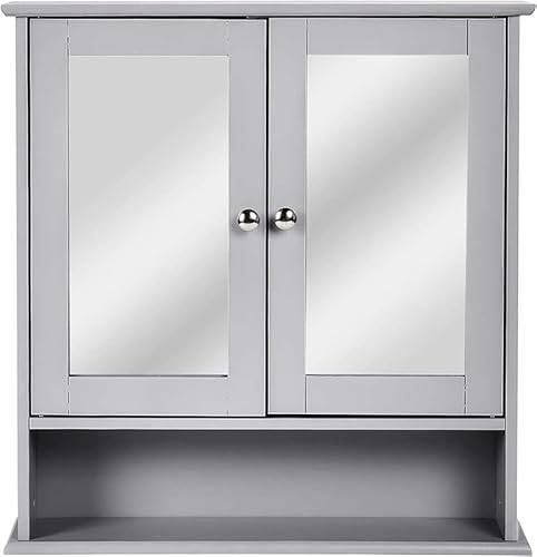 iTrend Armoire de salle de bain à double porte avec miroir - Armoire murale en bois - Élégant et peu encombrant - Armoire de salle de bain multifonction en bois - Gris Cover