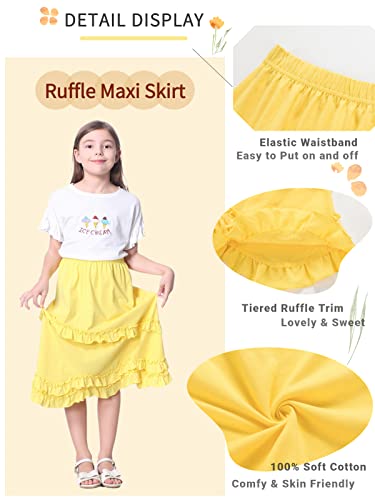 Unacoo Girls Skirts Combed Cotton Casual Midi Swing Skirt Soft Flowy Long Skirts Tiered Ruffle Maxi Skirts Girls Outfit Kids With Elastic Waist For 9-10 Year Yellow L #TOP2