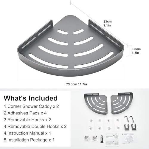 DUFU Adhesive Corner Shower Caddy with Hooks,Bathroom Shower Organizer, No Drilling Rust Proof Aluminum Shower Shelf for Inside Shower 2 Pack (Grey) by DUFU - Used condition - Image 6